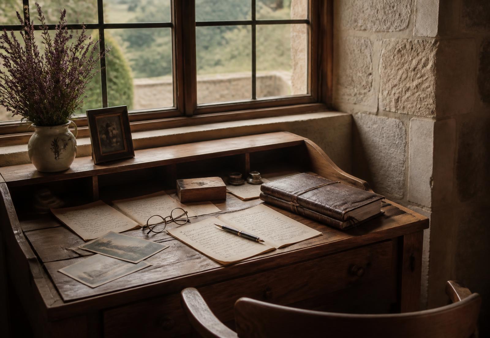 An antique wooden writing desk beneath a window, covered with handwritten letters