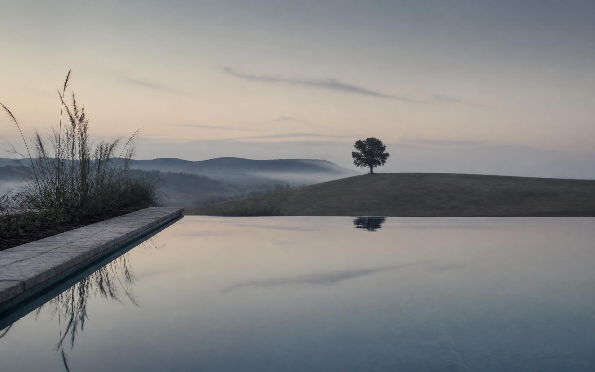 A still reflecting pool mirroring a pale sky, with a lone tree on a distant hill