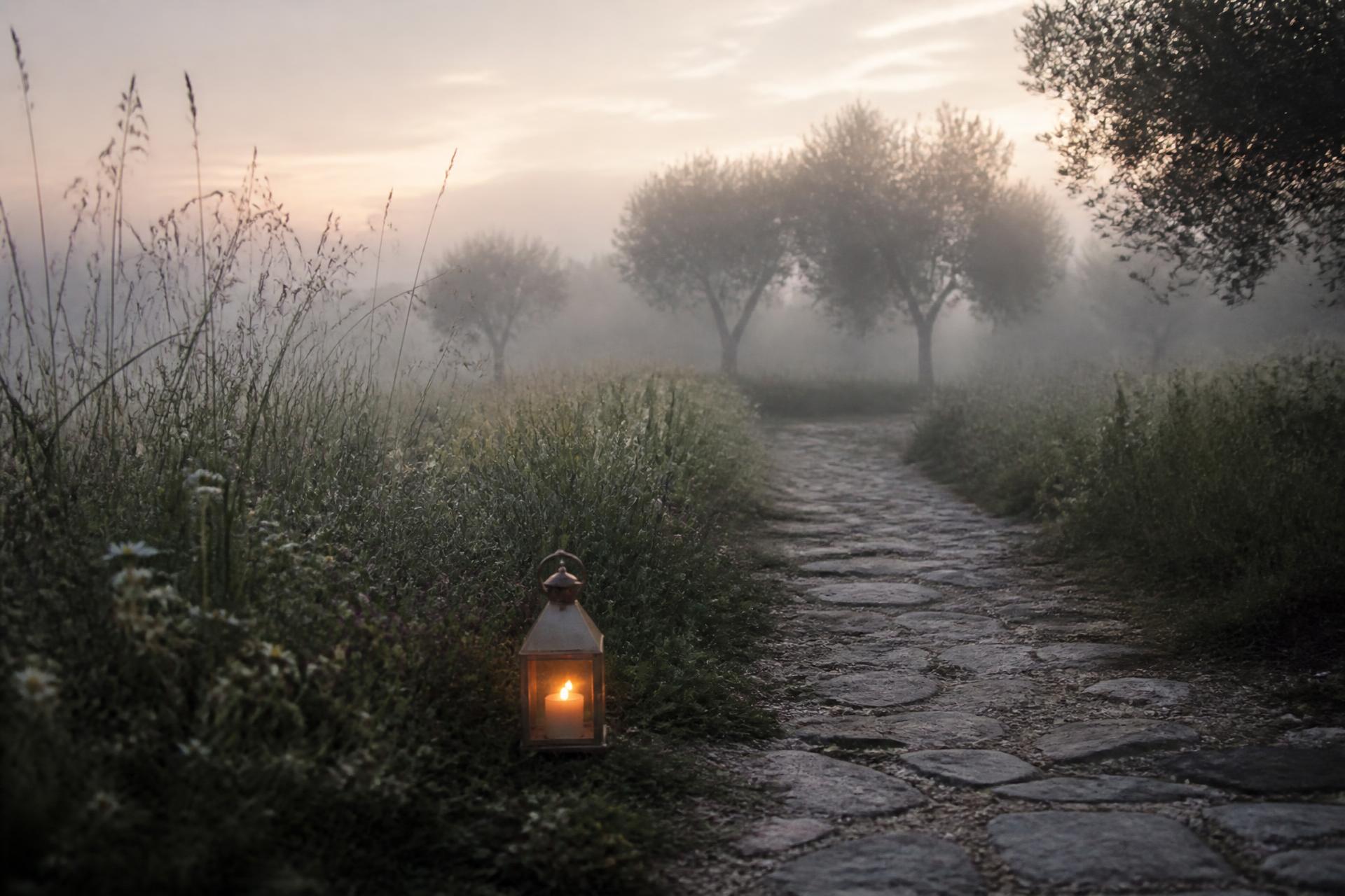 A stone path through wildflowers at first light, a single lantern glowing beside it