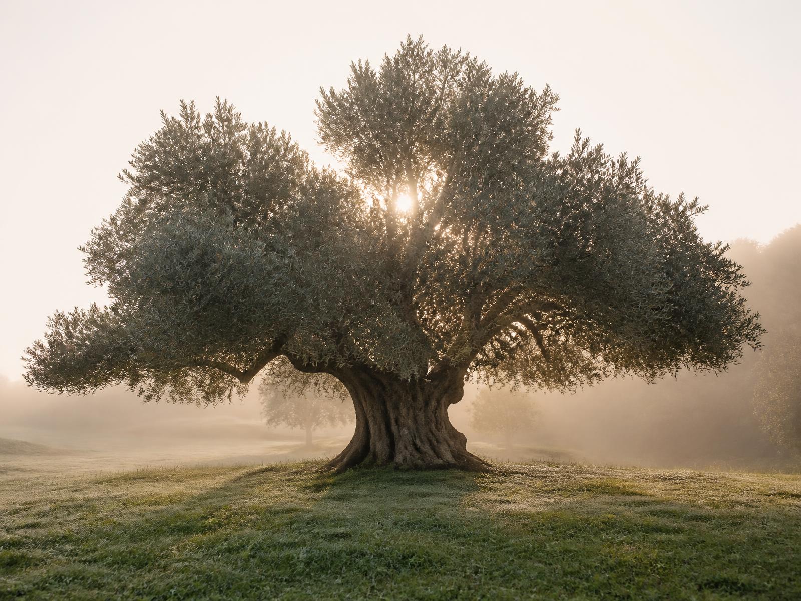 A single wide olive tree standing in a misty meadow at dawn